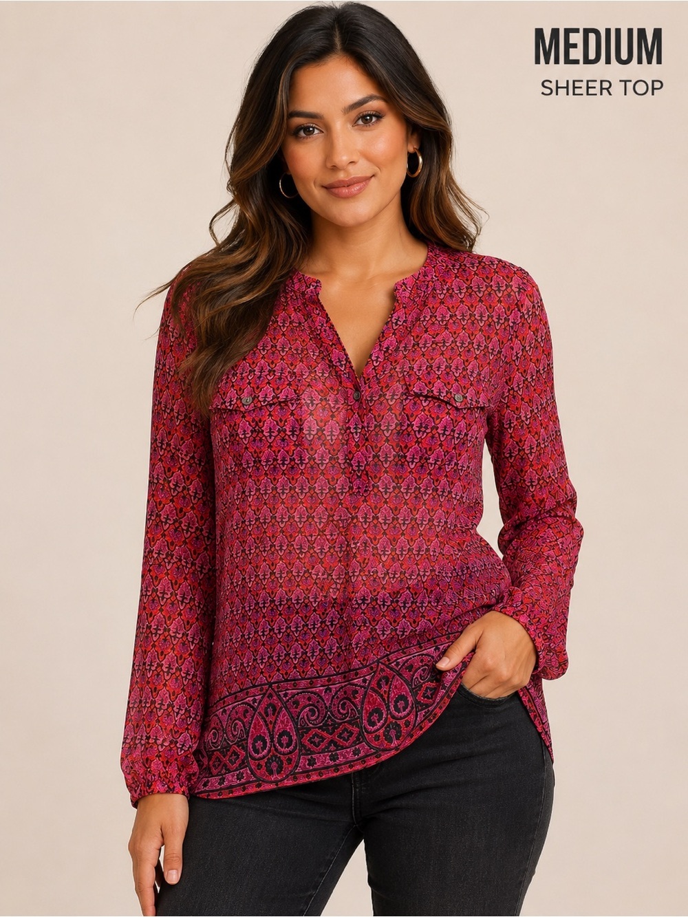 Vince Camuto Pink and Magenta Printed Sheer V-Neck Blouse MEDIUM